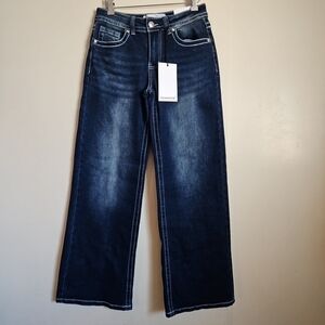 Telepatia Dark Wash Wide-Leg Jeans Embellished Pockets Mid-Rise Size 5/27